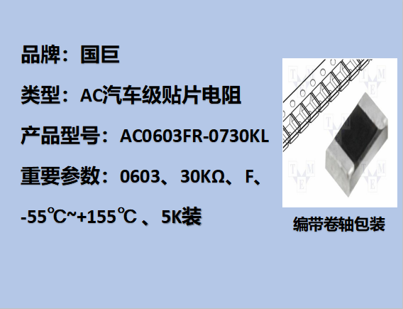 國(guó)巨AC汽車(chē)級(jí)貼片電阻0603,F,30KΩ,75V,5k裝