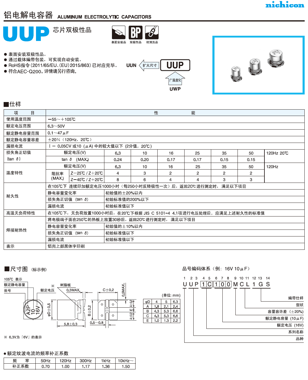 UUP標(biāo)準(zhǔn)品鋁電解電容代碼說明